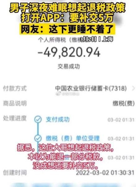 男子深夜难眠想起退税政策 打开app后心态崩了 要补交5万 沙雕新闻