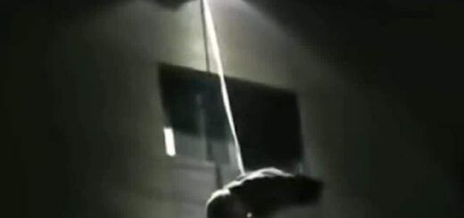 夜间，一名男子通过绳索悬在公司建筑外墙半空