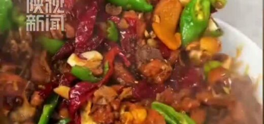 陕视新闻视频中盛有鸡肉、土豆和青椒的大盘鸡特写